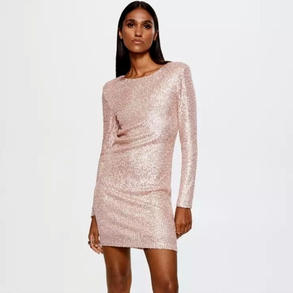 Mango Glittering Long Sleeve Light Pink Tiny Sequin Knit Bodycon Dress - Picture 1 of 17